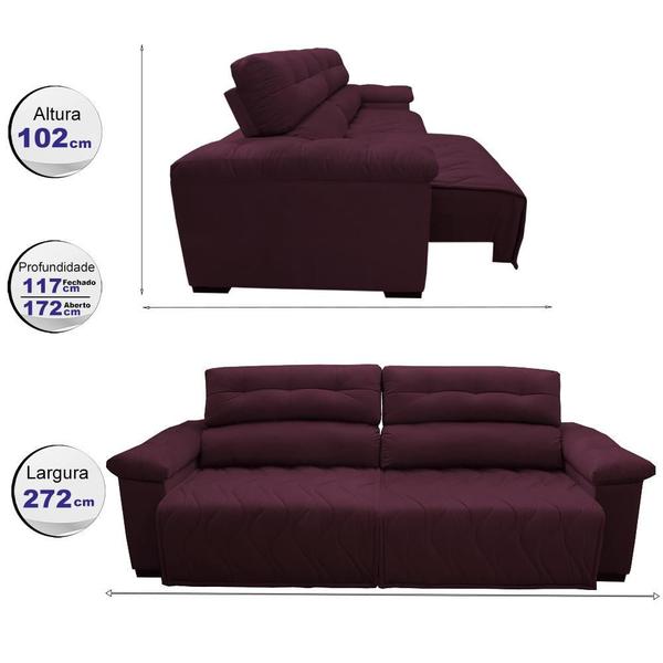 Imagem de Sofá 2,72m Retrátil e Reclinável com Molas Cama inBox Top Tecido Suede Velusoft Vinho