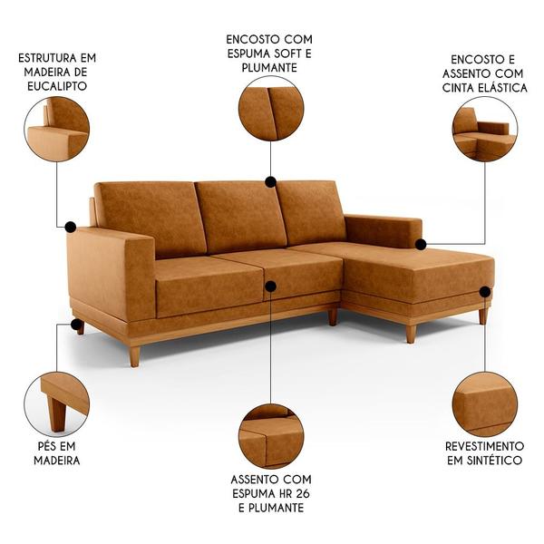 Imagem de Sofá 3 Lugares 200cm Living Com Chaise Direito Kayrós D05 Sintético Whisky  Mpozenato