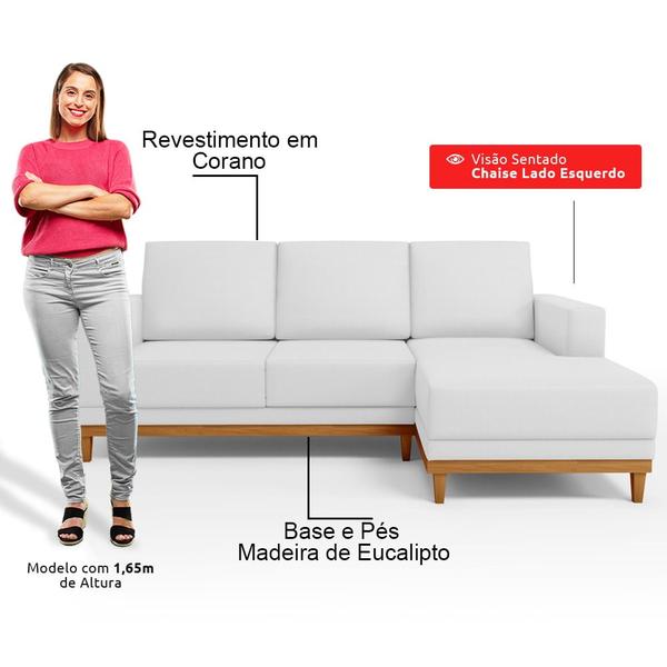 Imagem de Sofá 3 Lugares 200cm Living Com Chaise Direito Sala de Estar Kayrós D05 Sintético Branco  Mpozenato