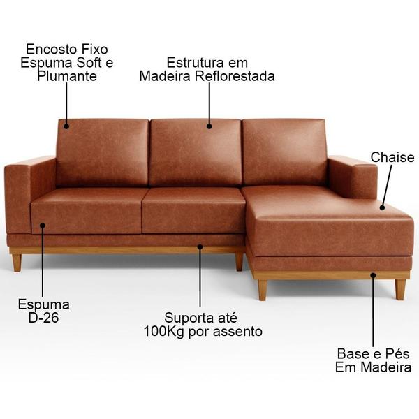 Imagem de Sofá 3 Lugares 200cm Living Com Chaise Direito Sala de Estar Kayrós D05 Sintético Camel  Mpozenato