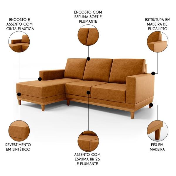 Imagem de Sofá 3 Lugares 200cm Living Com Chaise Esquerdo Kayrós D05 Sintético Whisky  Mpozenato