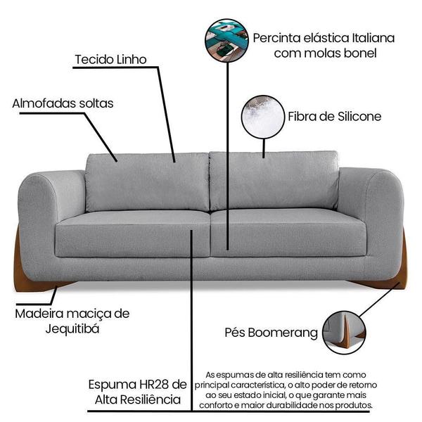 Imagem de Sofá 3 Lugares Base De Madeira Clarissa 250 Cm Linho S04 - D'rossi Cor Cinza