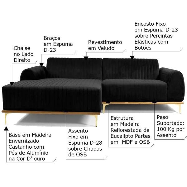 Imagem de Sofá 3 Lugares Bipartido com Chaise Lado Direito Base de Madeira Euro 230 cm Veludo Preto G15 - Gran Belo