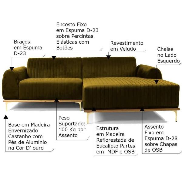 Imagem de Sofá 3 Lugares com Chaise Base de Madeira Euro 230 cm Veludo Mostarda G15 - Gran Belo