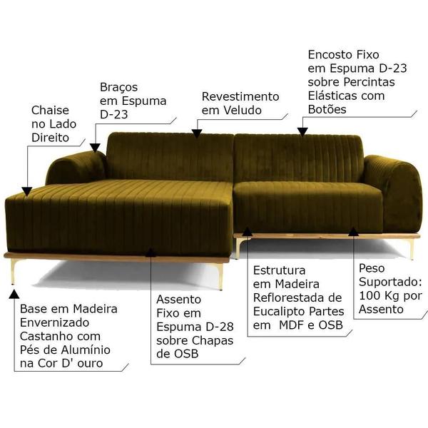 Imagem de Sofá 3 Lugares com Chaise Base de Madeira Euro 245 cm Veludo Mostarda - Gran Belo