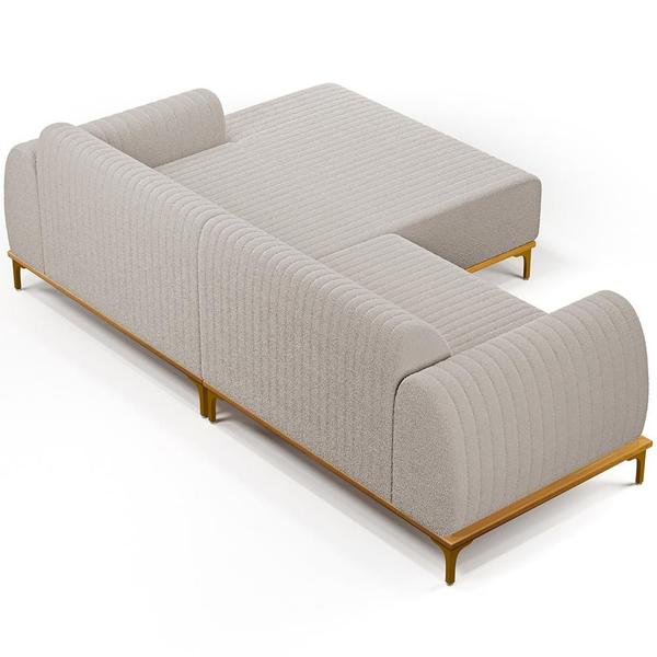 Imagem de Sofá 3 Lugares com Chaise Direito Para Sala de Estar Molino 230cm D02 Base Castanho Pés D'ouro Bouclê Creme B-54 - Lyam Decor