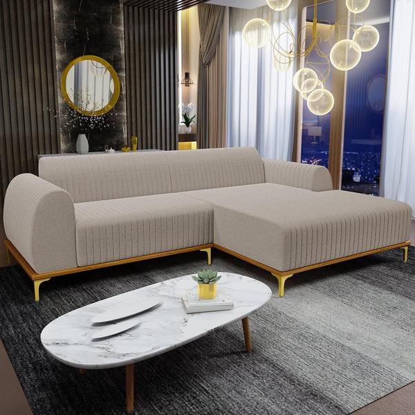 Imagem de Sofá 3 Lugares com Chaise Direito Para Sala de Estar Molino 230cm D02 Base Castanho Pés D'ouro Bouclê Creme B-54 - Lyam Decor