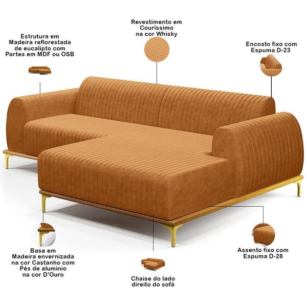 Imagem de Sofá 3 Lugares com Chaise Direito Para Sala de Estar Molino 245cm D02 Base Castanho Pés D'ouro material sintético Whisky B-90 - Lyam Decor