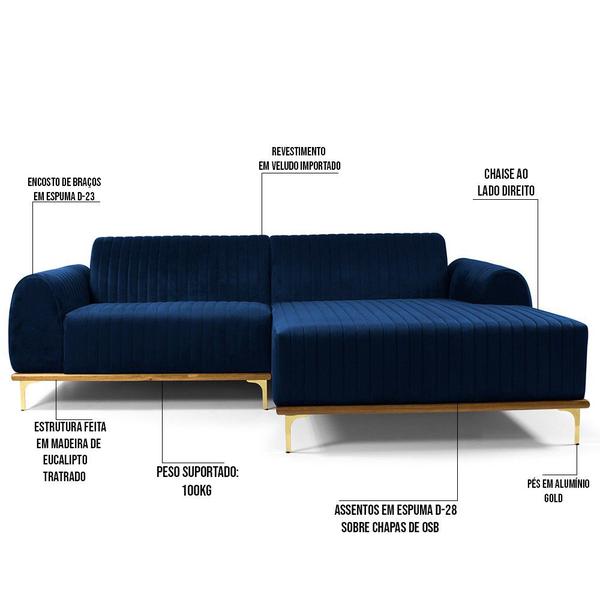 Imagem de Sofá 3 Lugares com Chaise Direito Para Sala Molino 230 cm D02 Veludo Azul Oxford C-304 - Lyam Decor