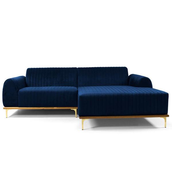 Imagem de Sofá 3 Lugares com Chaise Direito Para Sala Molino 230 cm D02 Veludo Azul Oxford C-304 - Lyam Decor