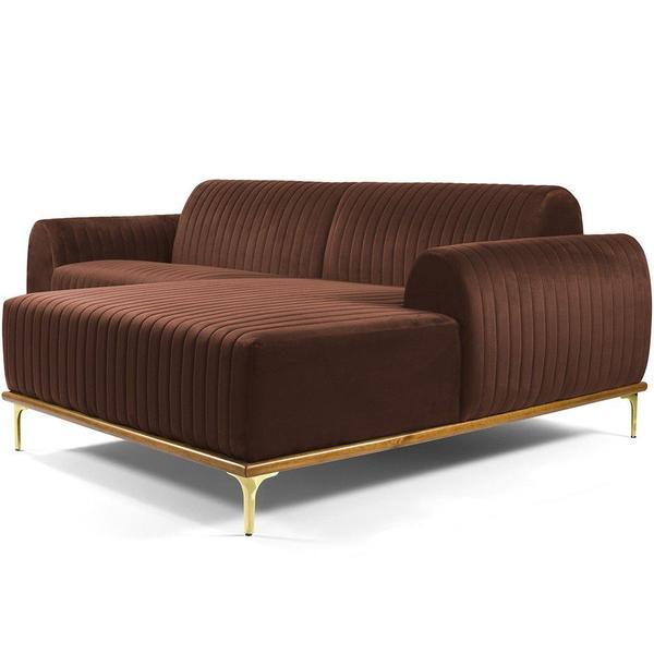 Imagem de Sofá 3 Lugares com Chaise Direito Para Sala Molino 230 cm D02 Veludo Marrom C-276 - Lyam Decor