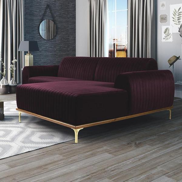 Imagem de Sofá 3 Lugares com Chaise Direito Para Sala Molino 230 cm D02 Veludo Roxo Grape B-292 -Lyam Decor