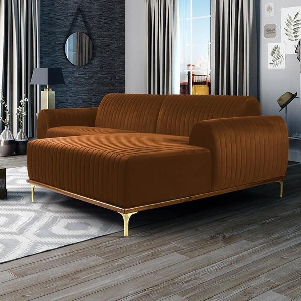 Imagem de Sofá 3 Lugares com Chaise Direito Para Sala Molino 230 cm D02 Veludo Telha C-262 -Lyam Decor