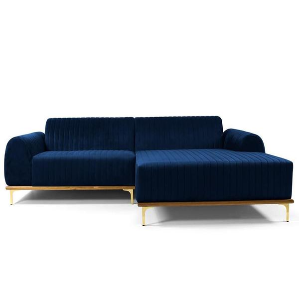 Imagem de Sofá 3 Lugares com Chaise Direito Para Sala Molino 245 cm D02 Veludo Azul Oxford B-304 -Lyam Decor