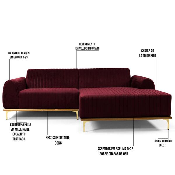 Imagem de Sofá 3 Lugares com Chaise Direito Para Sala Molino 245 cm D02 Veludo Marsala C-278 - Lyam Decor