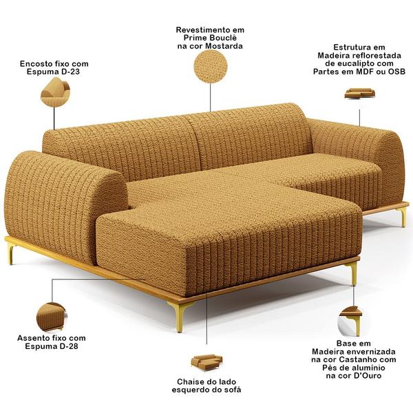 Imagem de Sofá 3 Lugares com Chaise Esquerdo Para Sala de Estar Molino 230cm D02 Base Castanho Pés D'ouro Prime Bouclê Mostarda PB-03 - Lyam Decor