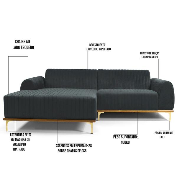 Imagem de Sofá 3 Lugares com Chaise Esquerdo Para Sala Molino 230 cm D02 Veludo Cinza C-317 - Lyam Decor