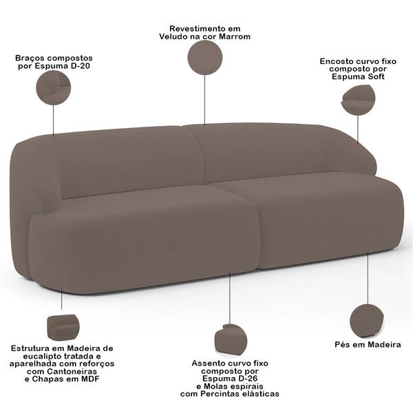 Imagem de Sofá 3 Lugares Curvo Orgânico com 02 Poltronas Para Sala Living 220cm Barolo L06 Veludo Marrom - Lyam Decor