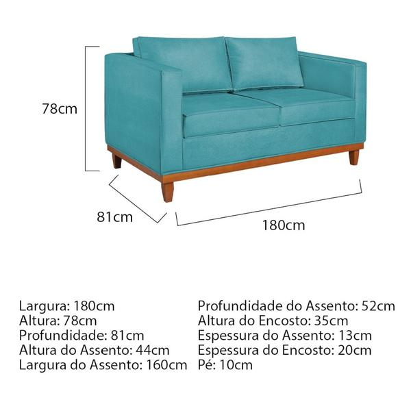 Imagem de Sofá 3 Lugares Europa 180 cm Estilo Conforto e Elegância Suede Azul Turquesa - Amarena Móveis