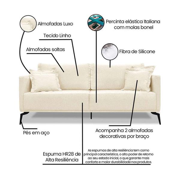 Imagem de Sofá 3 Lugares Lazio Linho Pérola 200 cm