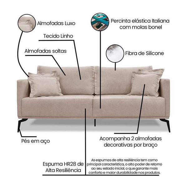 Imagem de Sofá 3 Lugares Lazio Linho Rústico Areia 180 cm
