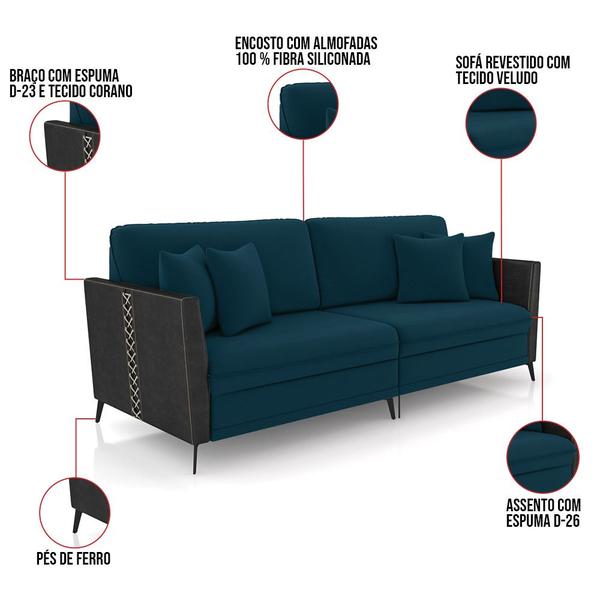 Imagem de Sofá 3 Lugares Living 222cm Mondaí Sintético Preto/Veludo Azul K01 - D'Rossi