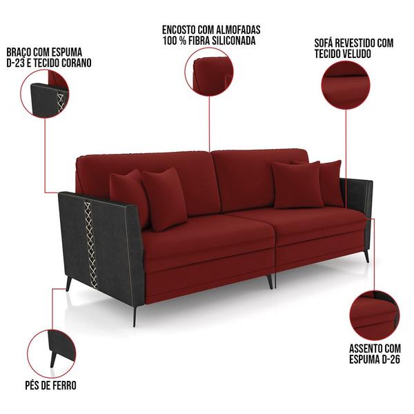 Imagem de Sofá 3 Lugares Living 222cm Mondaí Sintético Preto/Veludo Vermelho K01 - D'Rossi