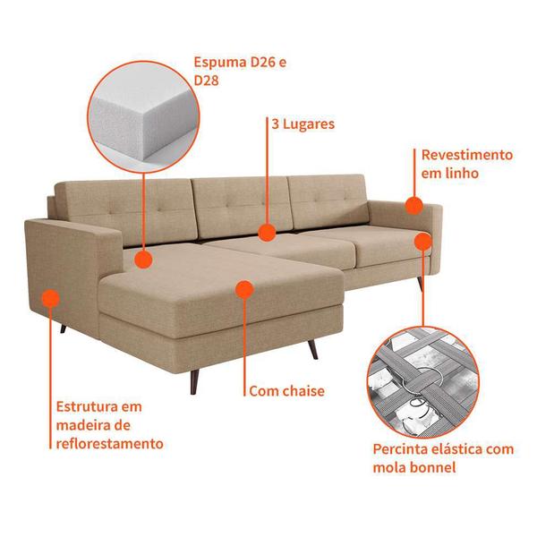 Imagem de Sofá 3 Lugares Living com Chaise Esquerdo Pé Palito Linho Cotton Bege