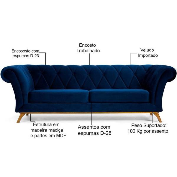 Imagem de Sofá 3 Lugares Para Sala de Estar Império 180 cm D02 Veludo Azul Oxford C-304 - Lyam Decor