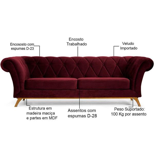 Imagem de Sofá 3 Lugares Para Sala de Estar Império 180 cm D02 Veludo Marsala C-278 - Lyam Decor