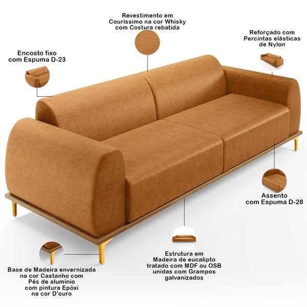 Imagem de Sofá 3 Lugares Para Sala de Estar Kiev 210cm D02 Base Castanho Pés D'ouro material sintético Whisky B-90 - Lyam Decor