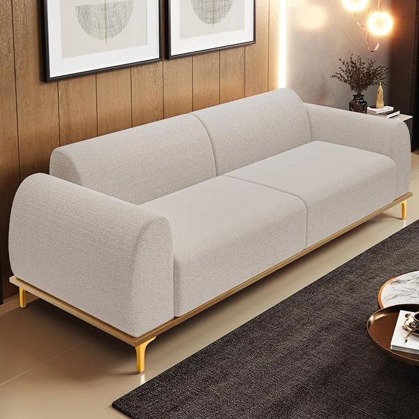 Imagem de Sofá 3 Lugares Para Sala de Estar Kiev 230cm D02 Base Castanho Pés D'ouro Bouclê Creme B-54 - Lyam Decor