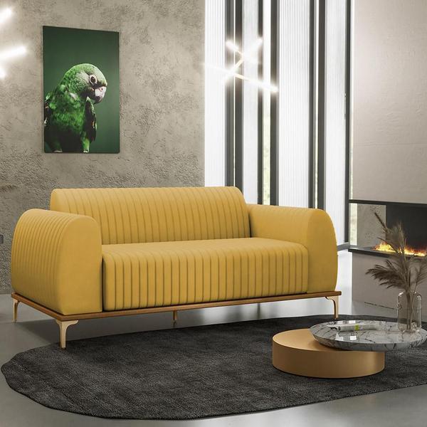 Imagem de Sofá 3 Lugares Para Sala De Estar Molino 180 Cm D02 Pés D'ouro Veludo Mostarda C-260 - Lyam Decor