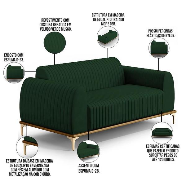 Imagem de Sofá 3 Lugares Para Sala de Estar Molino 180 cm D02 Pés D'Ouro Veludo Verde Musgo C-303 - Lyam Decor