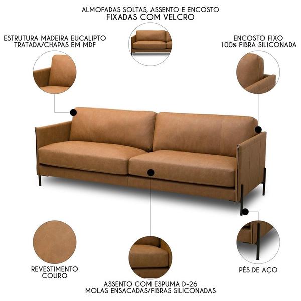 Imagem de Sofá 3 Lugares Para Sala Living 210cm Bliss L08 Couro Camel  - Mpozenato