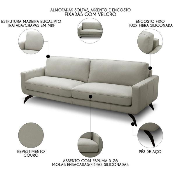 Imagem de Sofá 3 Lugares Para Sala Living 210cm Vults L08 Couro Pérola - Mpozenato