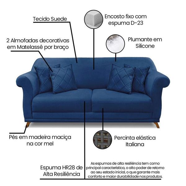 Imagem de Sofá 3 Lugares Pé De Madeira Julieta 220 Cm Suede S04 - D'rossi Cor Azul Marinho