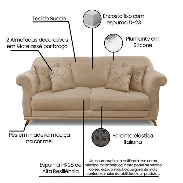 Imagem de Sofá 3 Lugares Pé De Madeira Julieta 220 Cm Suede S04 - D'rossi Cor Bege