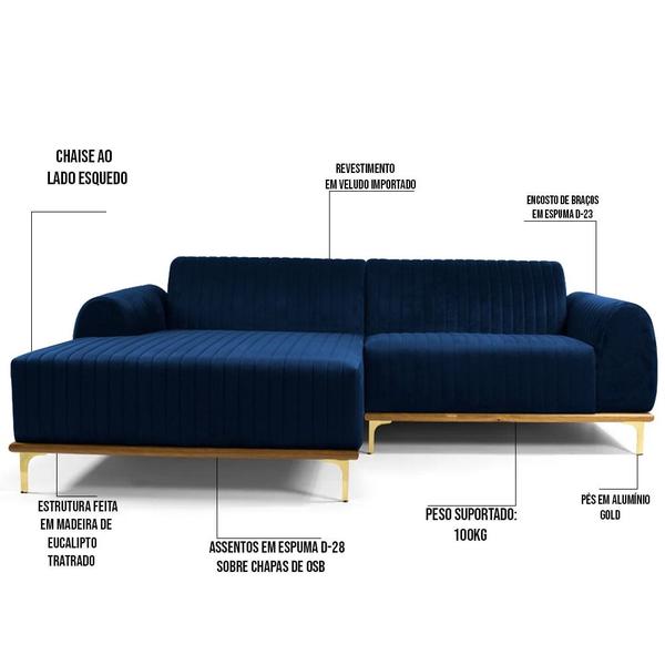 Imagem de Sofá 300cm 5 Lugares com Chaise Esquerdo Pés Gold Molino B-304 Veludo Azul Marinho - Domi