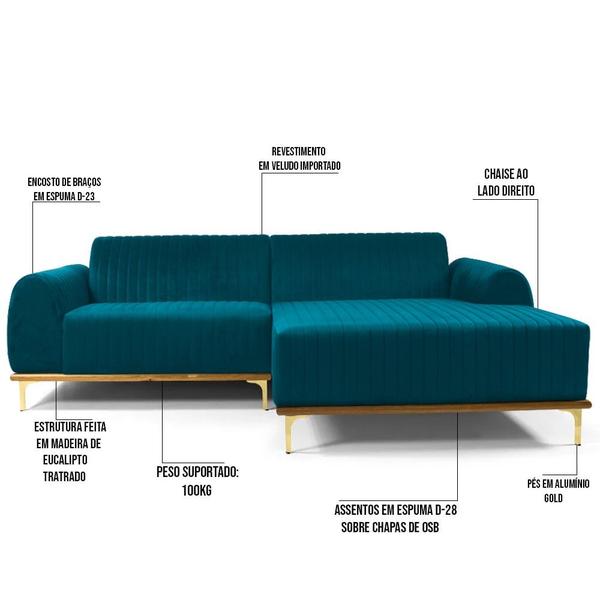 Imagem de Sofá 320cm 5 Lugares com Chaise Direito Pés Gold Molino B-66 Veludo Turquesa - Domi