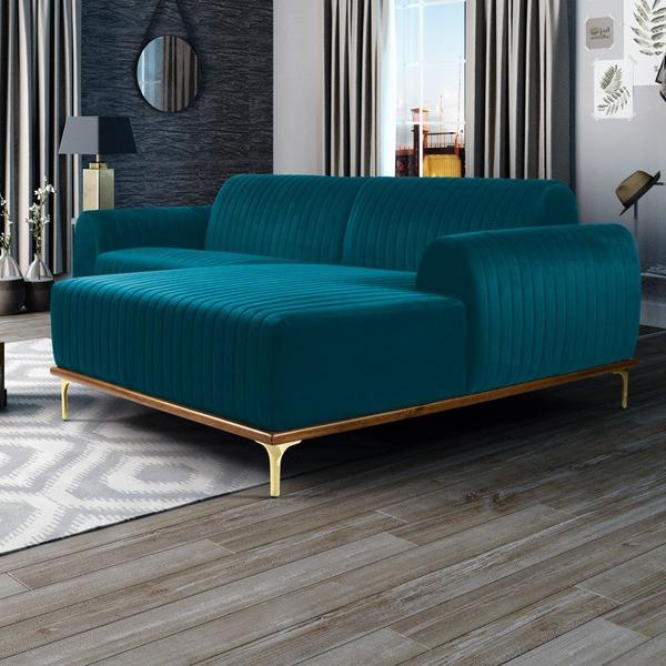 Imagem de Sofá 320cm 5 Lugares com Chaise Direito Pés Gold Molino B-66 Veludo Turquesa - Domi