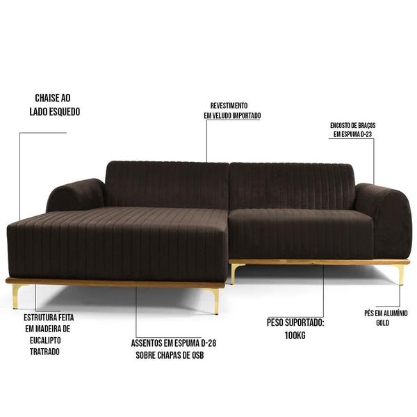 Imagem de Sofá 320cm 5 Lugares com Chaise Esquerdo Pés Gold Molino B-261 Veludo Marrom - Domi