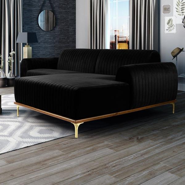 Imagem de Sofá 350cm 6 Lugares com Chaise Direito Pés Gold Molino C-300 Veludo Preto - Domi