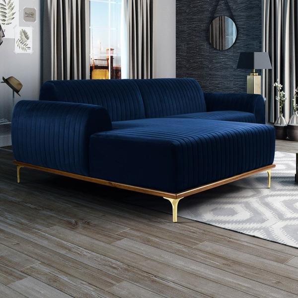 Imagem de Sofá 350cm 6 Lugares com Chaise Esquerdo Pés Gold Molino B-304 Veludo Azul Marinho - Domi