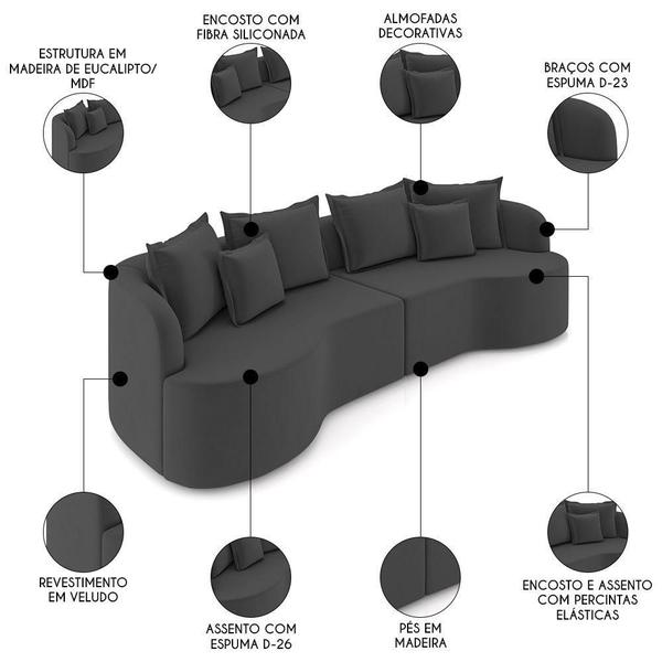 Imagem de Sofá 4 Lugares 270cm Orgânico Quito K04 Veludo Cinza Escuro - Mpozenato