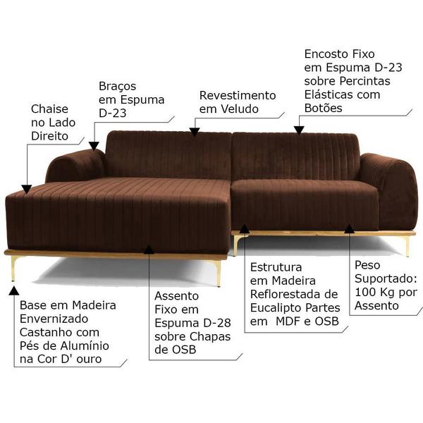 Imagem de Sofá 4 Lugares com Chaise Base de Madeira Euro 255 cm Veludo Marrom - Gran Belo