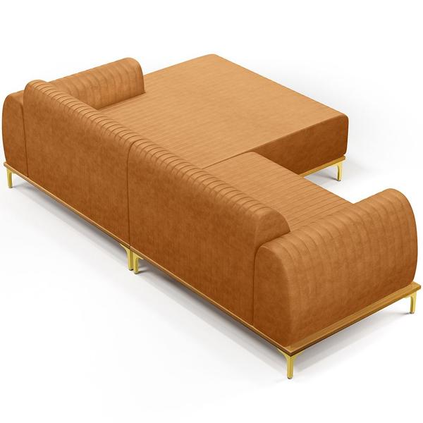 Imagem de Sofá 4 Lugares com Chaise Direito Para Sala de Estar Molino 255cm D02 Base Castanho Pés D'ouro material sintético Whisky B-90 - Lyam Decor