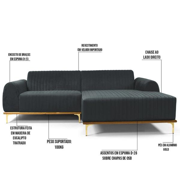 Imagem de Sofá 4 Lugares com Chaise Direito Para Sala Molino 255 cm D02 Veludo Cinza C-317 - Lyam Decor