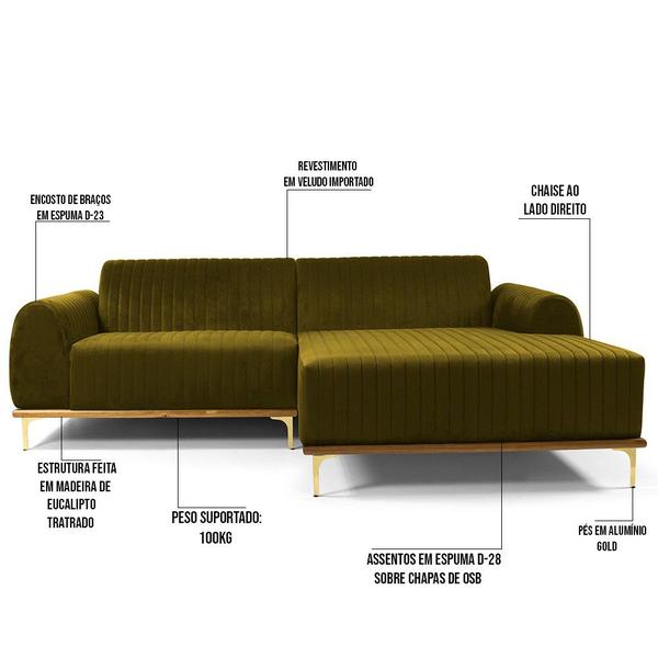 Imagem de Sofá 4 Lugares com Chaise Direito Para Sala Molino 255 cm D02 Veludo Mostarda C-260 - Lyam Decor