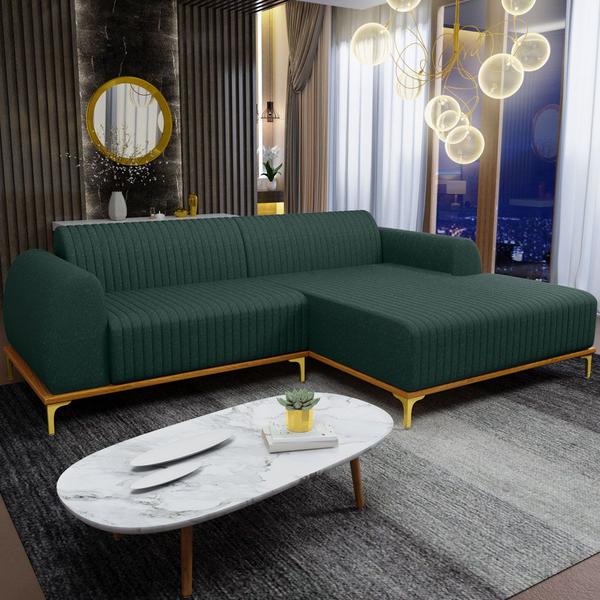 Imagem de Sofá 4 Lugares com Chaise Direito Sala de Estar Molino 255cm D02 Linho Verde Musgo C117 - Lyam Decor